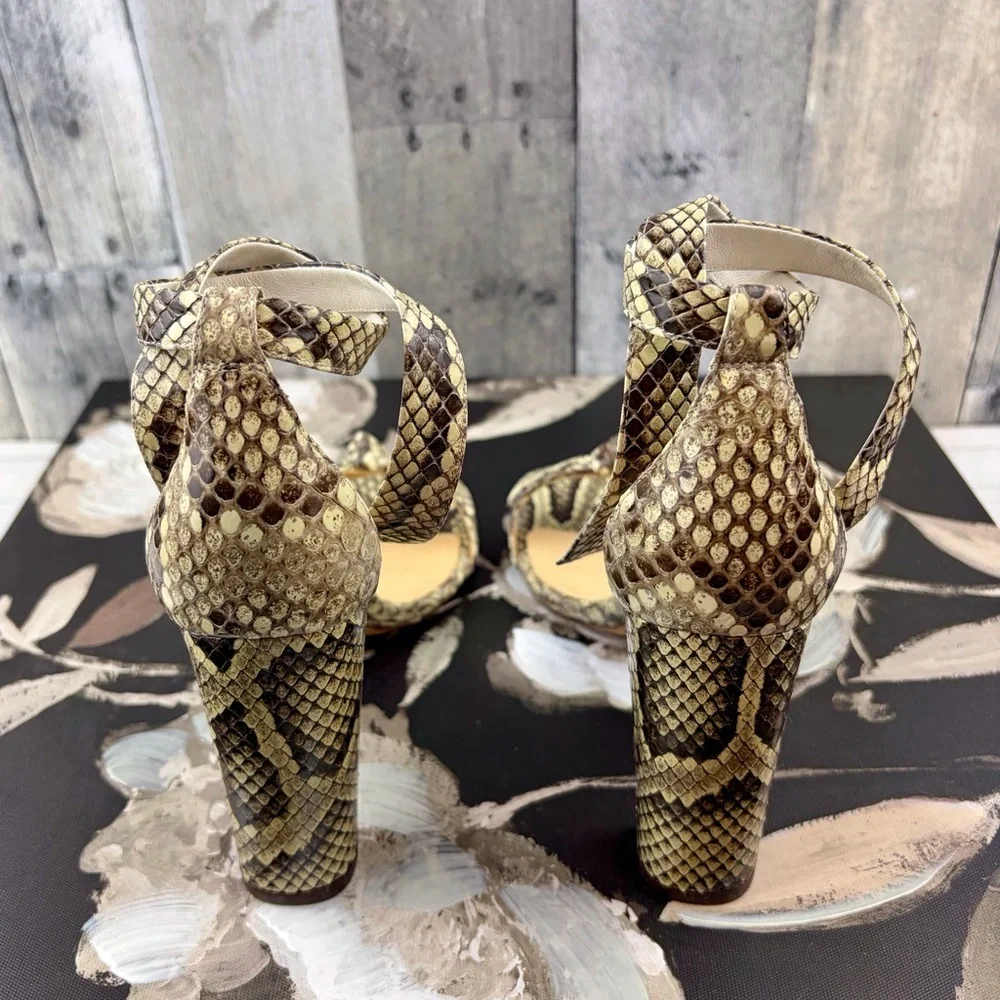 Alexandre Birman Clarita Leather Ankle-Tie Sandals in Snakeskin Size 9.